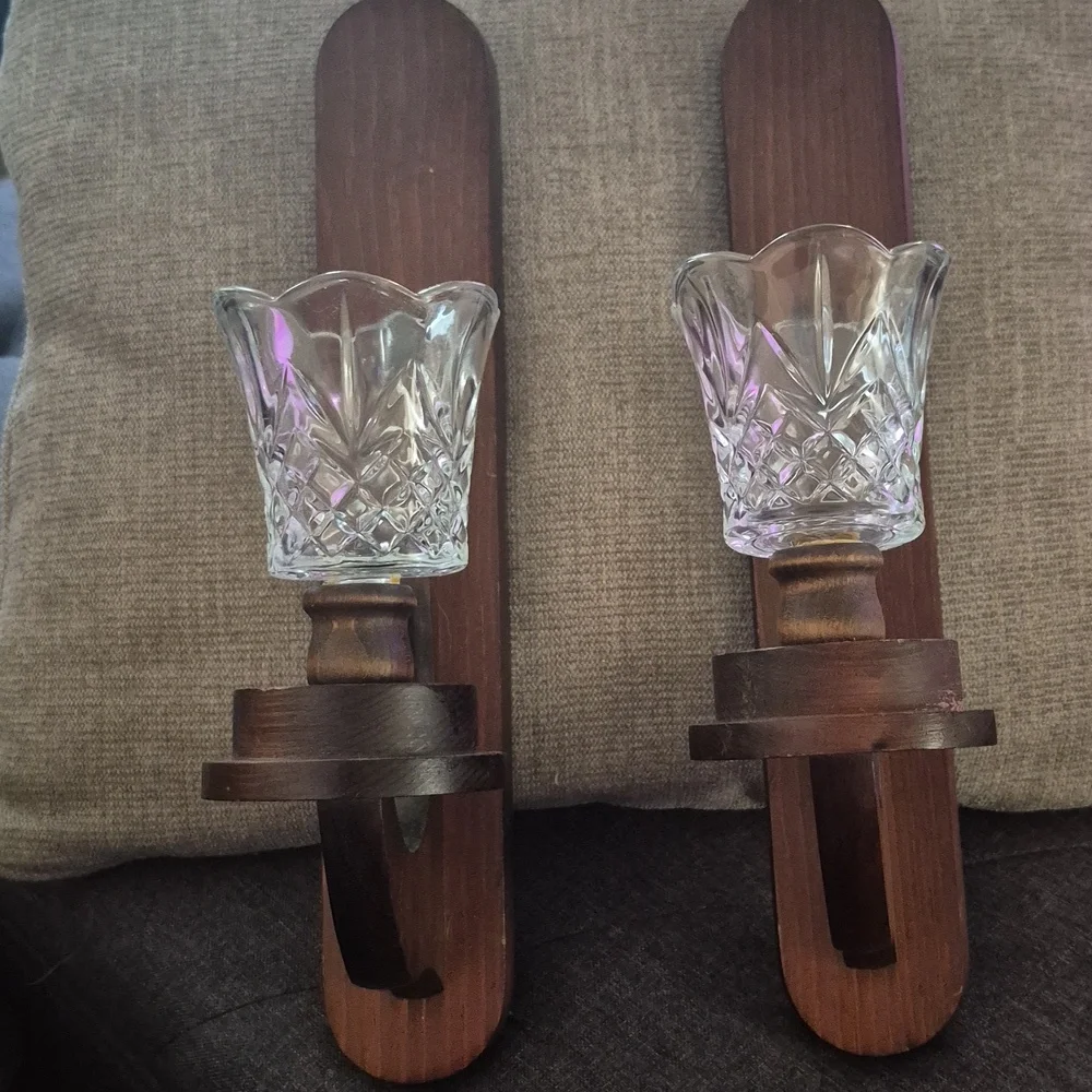 Vintage MCM Wood Wall Candle Holder Sconces Votive Cups